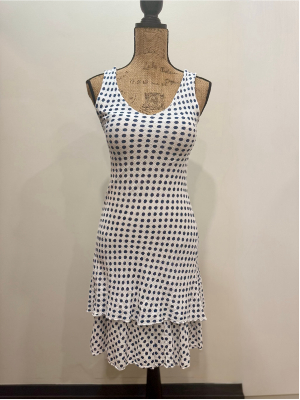 Angela Mara Italy White Navy Polka Dot Sleeveless Dress S Retro Classic Timeless